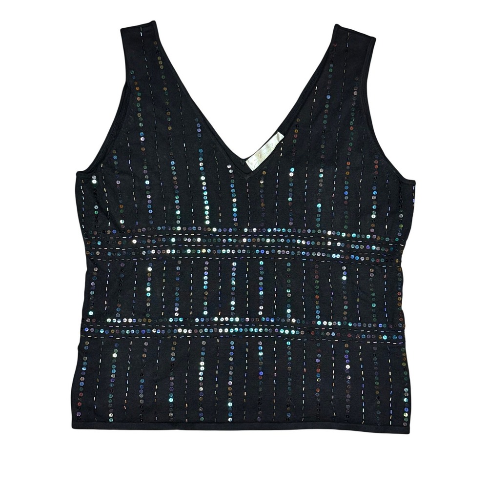 Lucy Pereda Tank Top Women XL Black Excellent Iridescent Sequin Beaded V-Neck